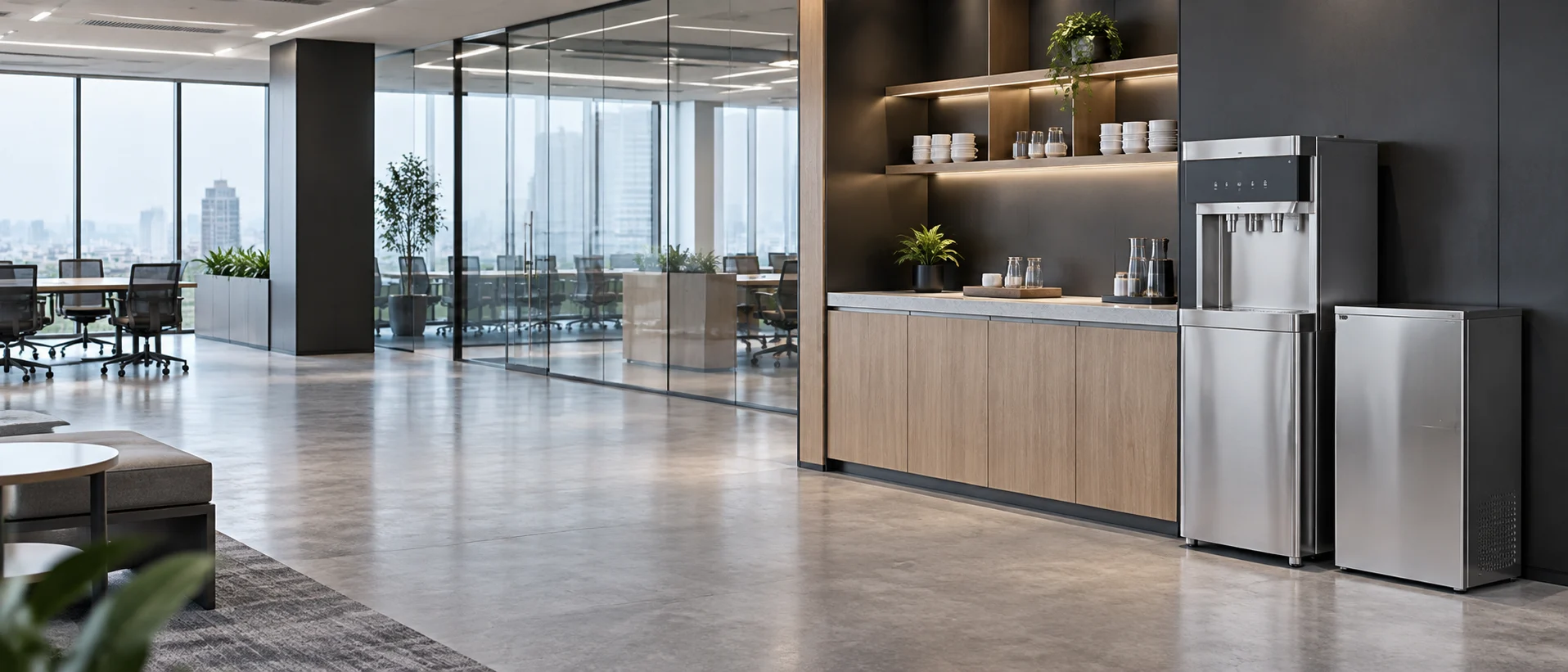 Commercial drinking water station integrated into a modern office refreshment space