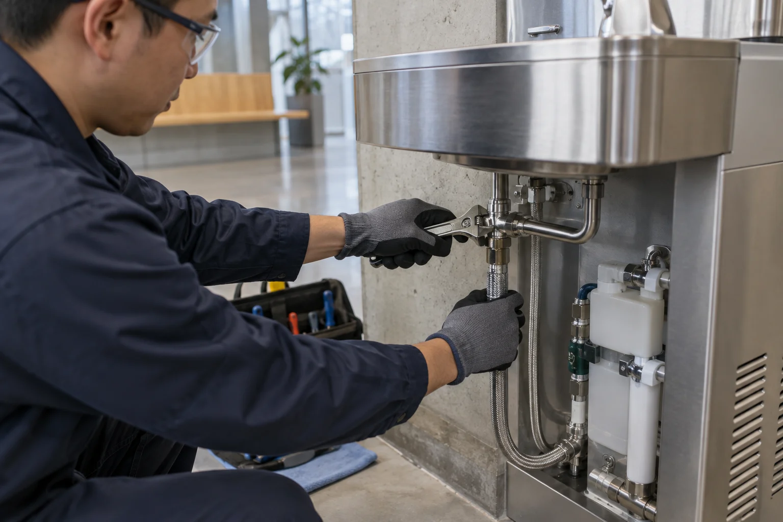 Technician connecting a commercial drinking water station
