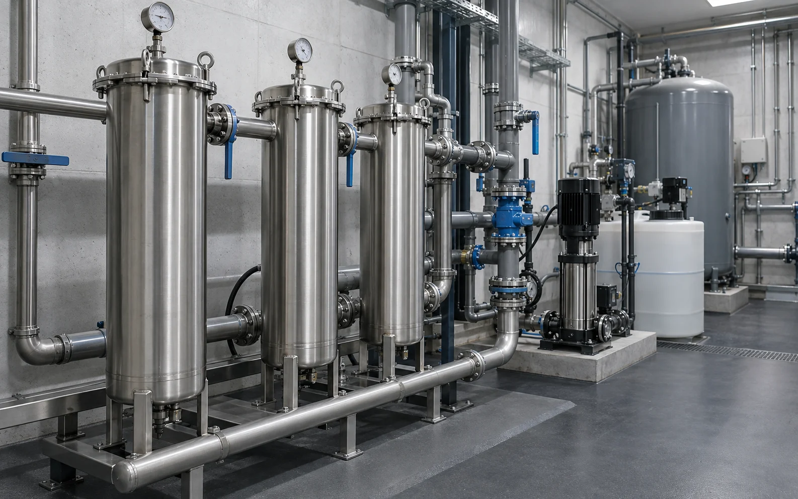 Commercial water filtration system with stainless vessels and pipework
