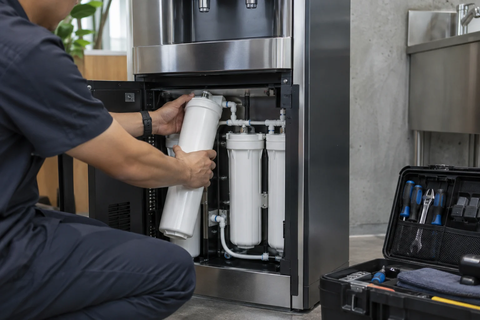 Technician replacing a filter inside a commercial drinking water cabinet